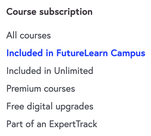 A list of subscription types with Included in FutureLearn Campus selected