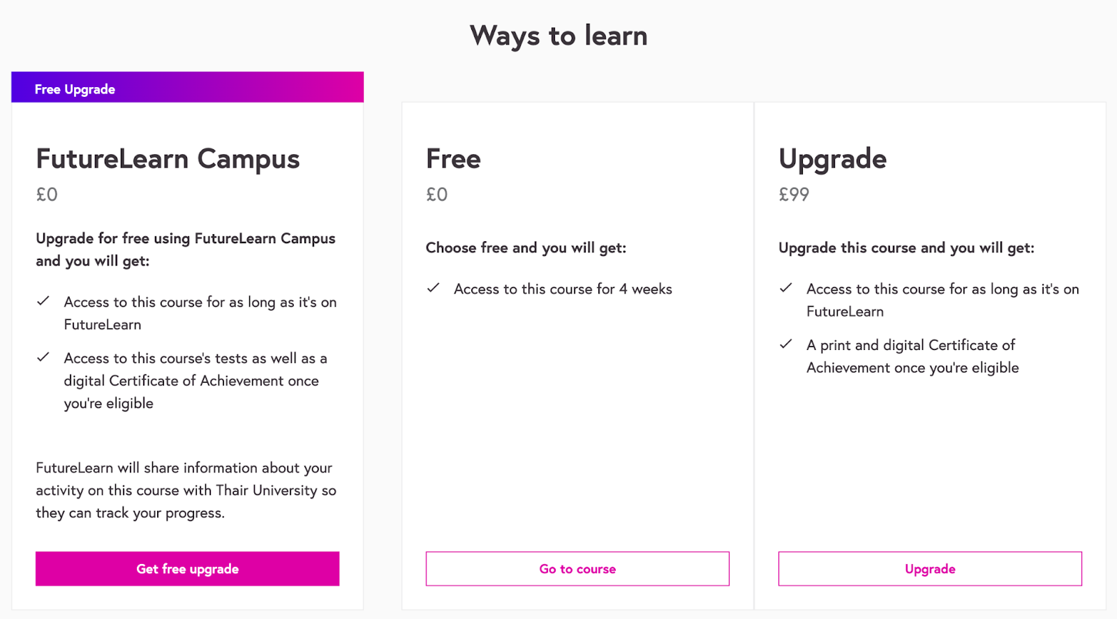 A table showing a choice of three different options: FutureLearn Campus, Free (limited access) and Upgrade