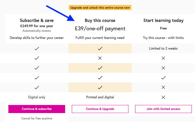 Image description: The image shows the Upgrade option within the payment options table.