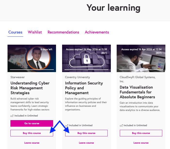 Image description: the image shows the Upgrade tab on the course card